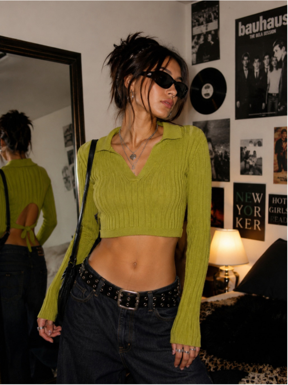Victoria + Sophia Chartreuse Lime Green Crop Sweater S Open Back Tie Y2K Indie S